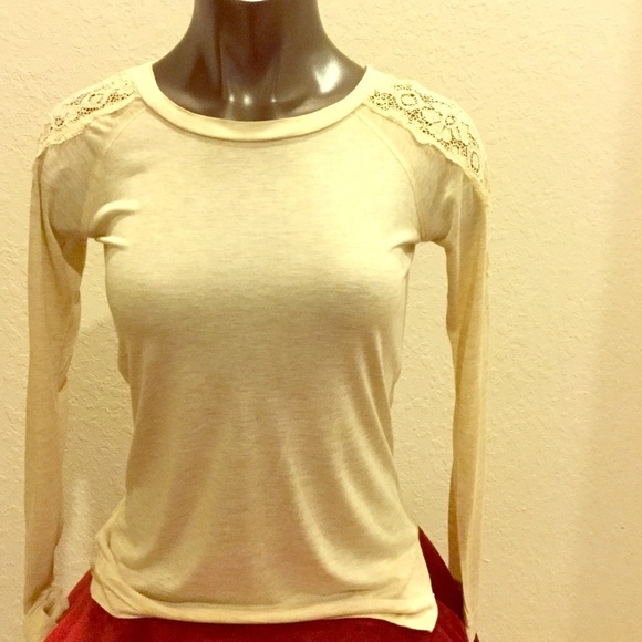 Rewind Top Juniors Long Sleeve Lace Shoulders Round Neck Off White Tan - Picture 1 of 4